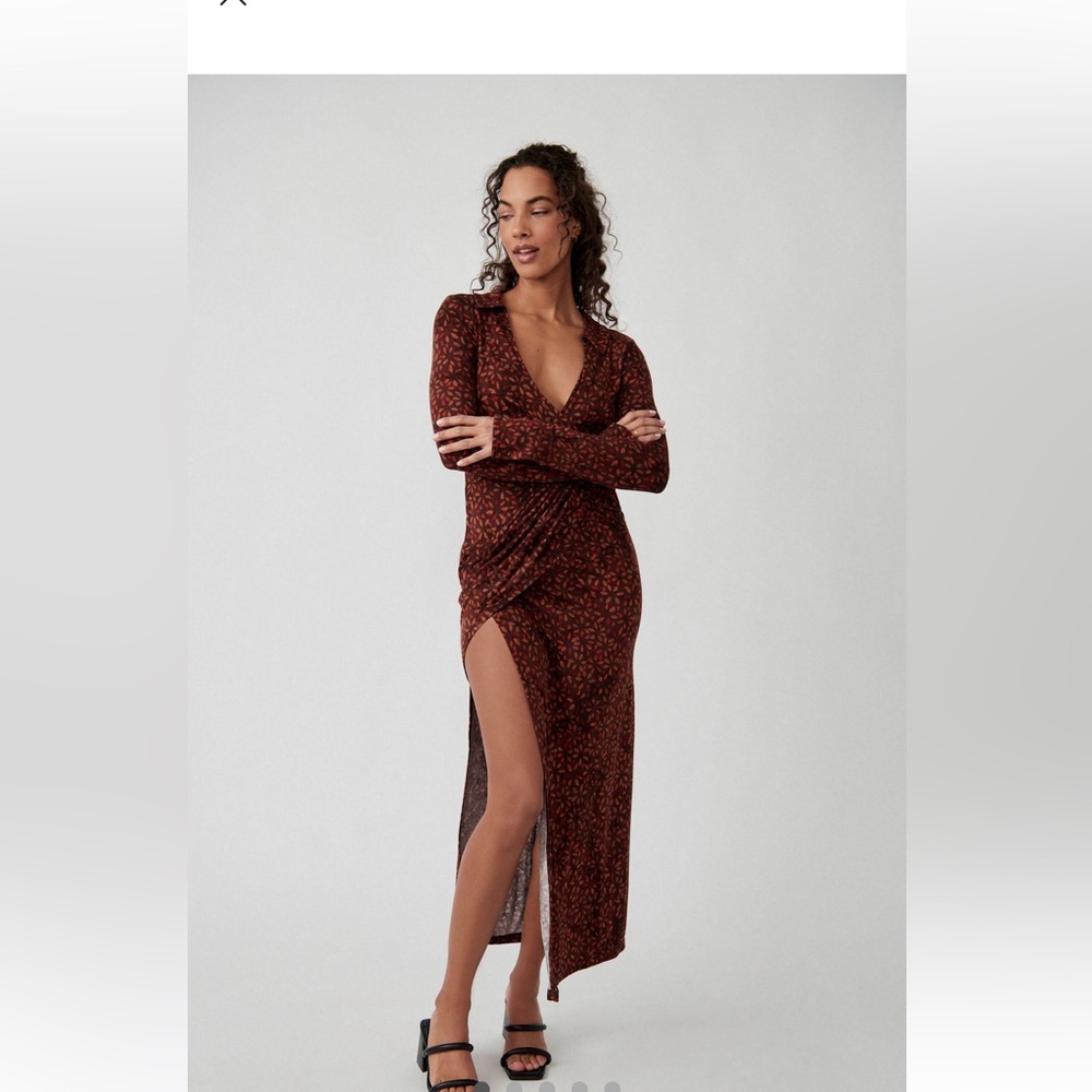FP Movement by Free People Patterned Long Sleeve Dress in Brown and Red